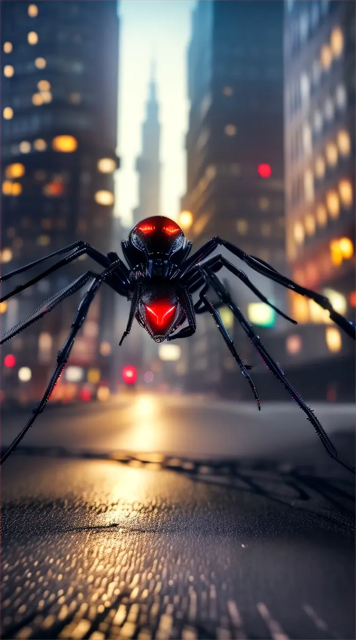 A giant spider crawling through the streets of a city it's a black widow spider