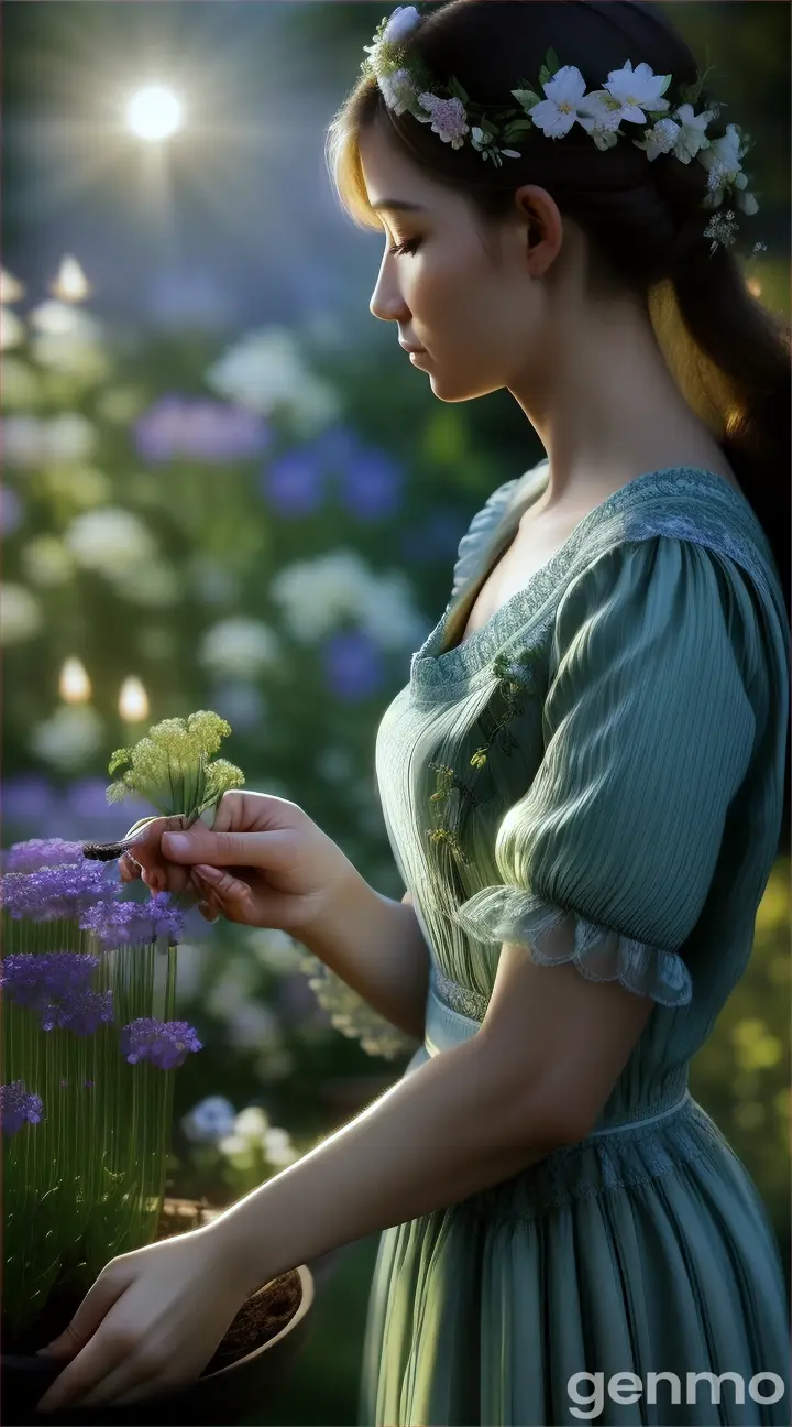 A Virgo botanist, surrounded by her herbs and flowers, carefully tending to each plant under the moonlight