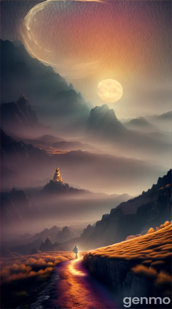 A daring explorer traverses a winding path up a misty mountain, led by the light of a brilliant full moon