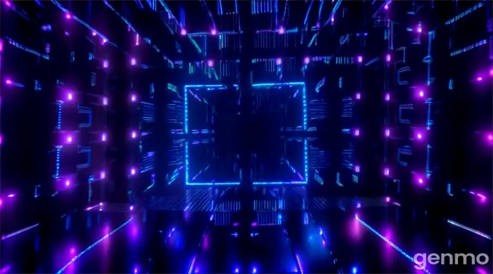 a dark room with neon lights and a square shape. ma