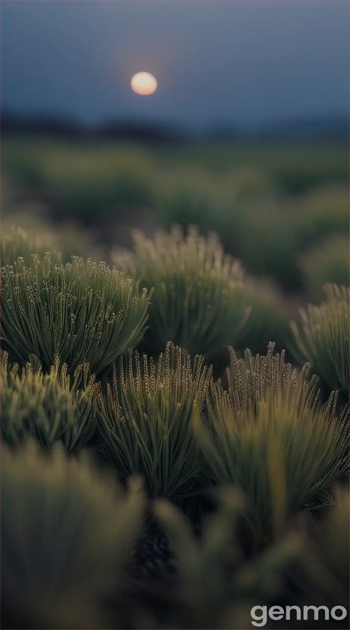 Simple, minimalist herbs, organized in neat rows with a touch of bright color, under a full moon