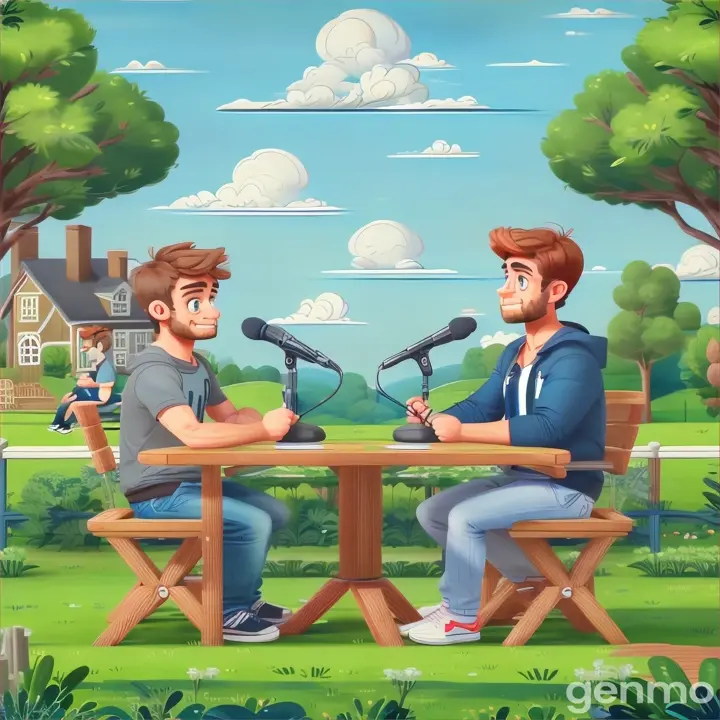 two men sitting at a Record a video from a side angle, focusing on one side of your face as you speak. Your mouth movements should be clear from the side view, with the rest of the scene kept simple to highlight your facial expressions table with microphones