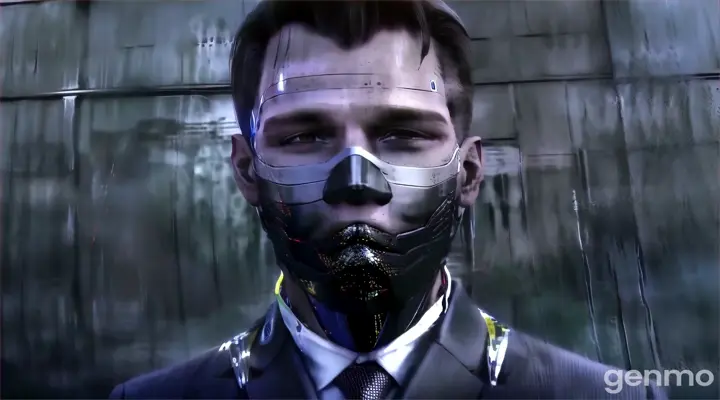 a man in a suit and tie with a mask on his face