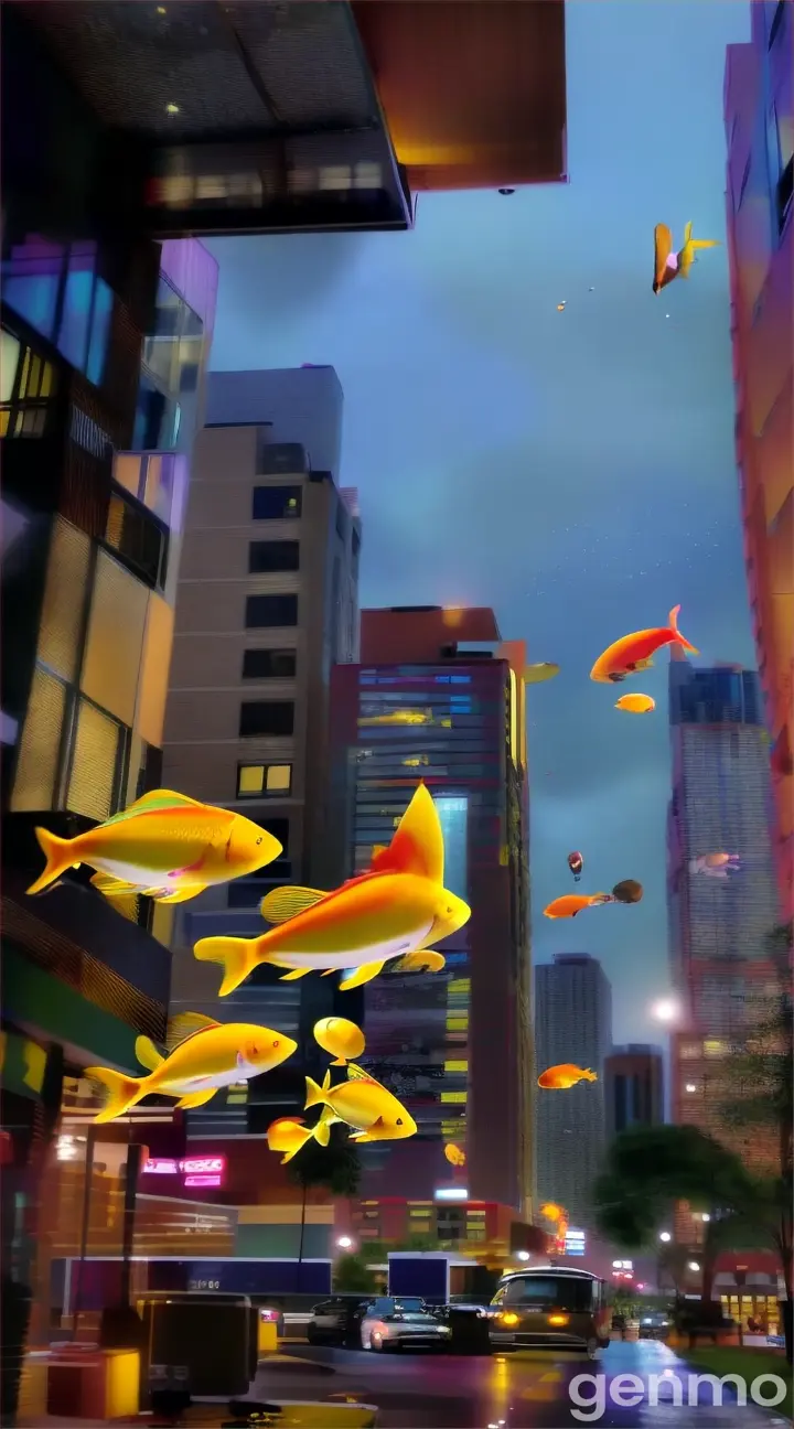 Two yellow fishes are swimming in the air between buildings. It is raining