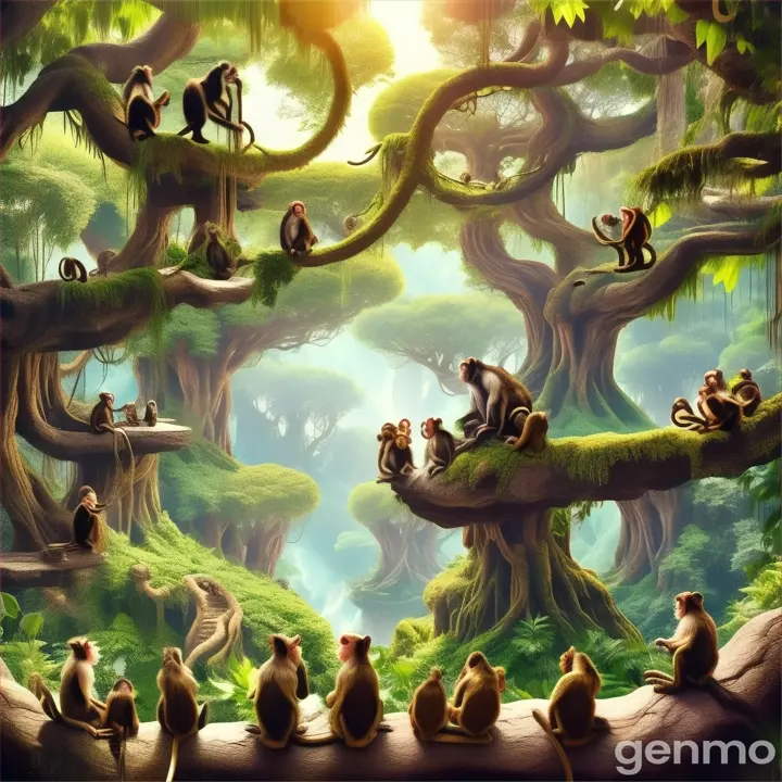 a group of monkeys sitting on top of a lush green forest