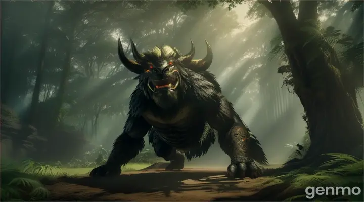 an image of Quibungo from the side, he is a beast Half man, half animal, the beast has a huge head, terrifying, glowing eyes and a large mouth-shaped hole on his back, which opens and closes as he lowers and raises his head . the beast lives in a tropical forest and only appears at night, create a very dark and mysterious background