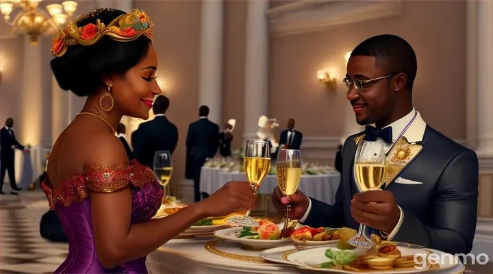 Titi and Jide meeting at the refreshment table during the gala. Titi is pouring herself a glass of champagne while Jide approaches with a warm smile. They are engaged in conversation, with a backdrop of elegantly dressed guests and gala decorations.