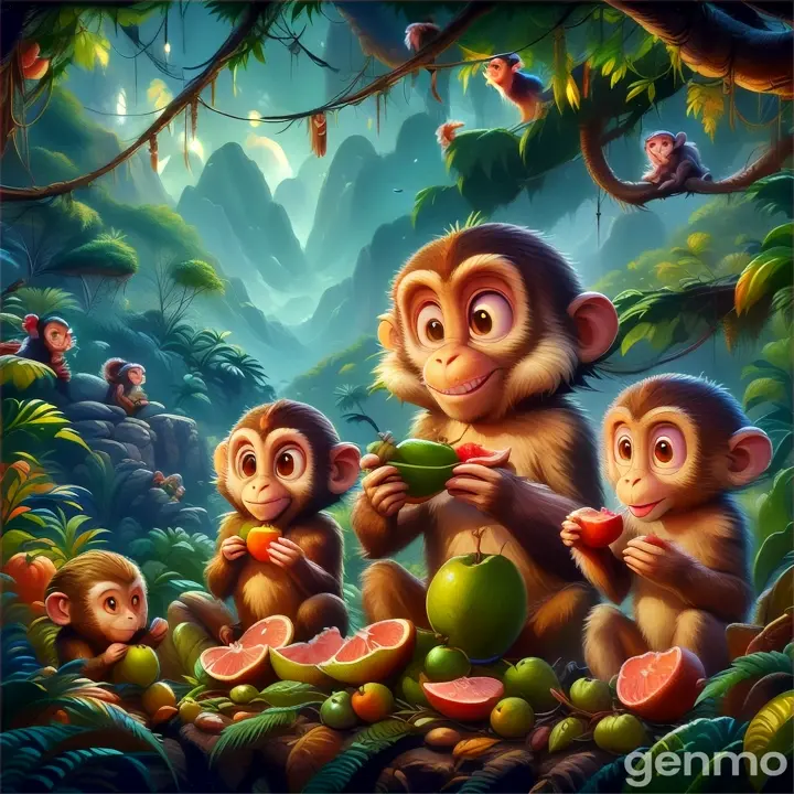 a painting of monkeys eating fruit in a forest