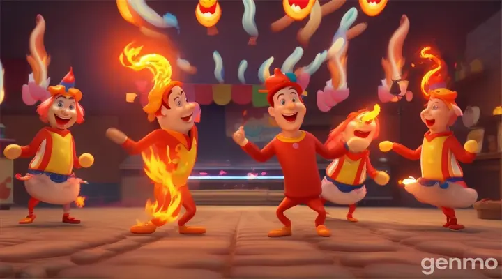 Happy Sausages dancing in a party, they are on fire, Pixar Animation