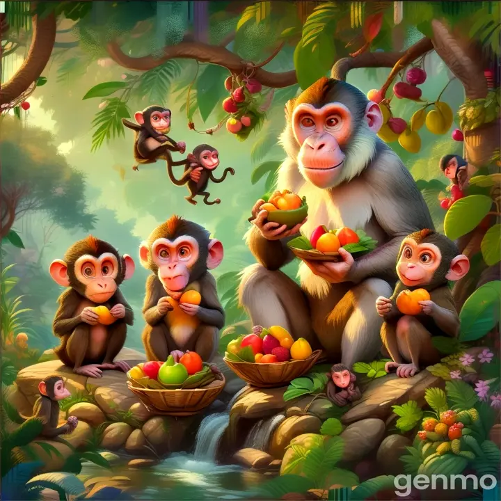 a group of monkeys eating fruit in a forest