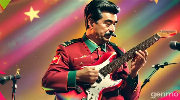  origami paper Joseph Stalin, playing electric guitar and singing in front of mic