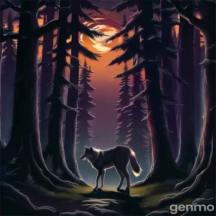 a wolf standing in the middle of a forest at night