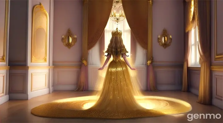 1. *Princess Lily with Her Magical Hair*: 
   - Visualize a beautiful princess standing in front of a grand mirror. She has long, golden hair that sparkles as it cascades down her back, reaching the floor. The room around her is bright and elegant, with sunlight streaming in through large windows, highlighting the golden strands of her hair. 
