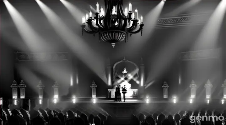 A gothic rock band performing on an ornate stage with candelabras and dramatic lighting