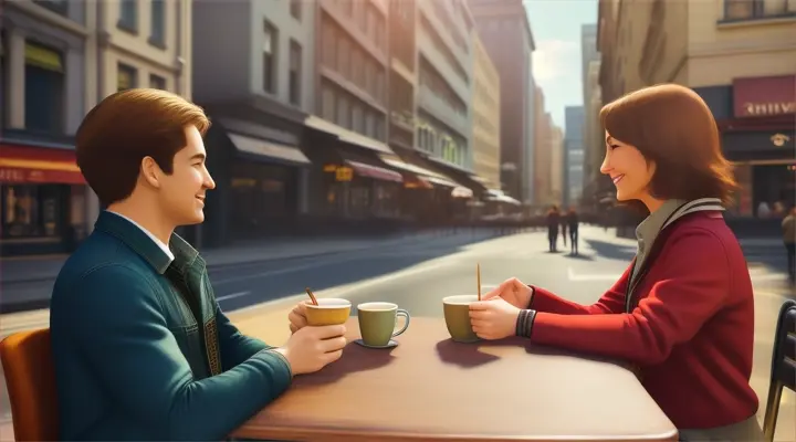 Create a realistic scene of two best friends meeting up downtown. The friends are happy. It is the afternoon. Only animate background. Only two friends. 