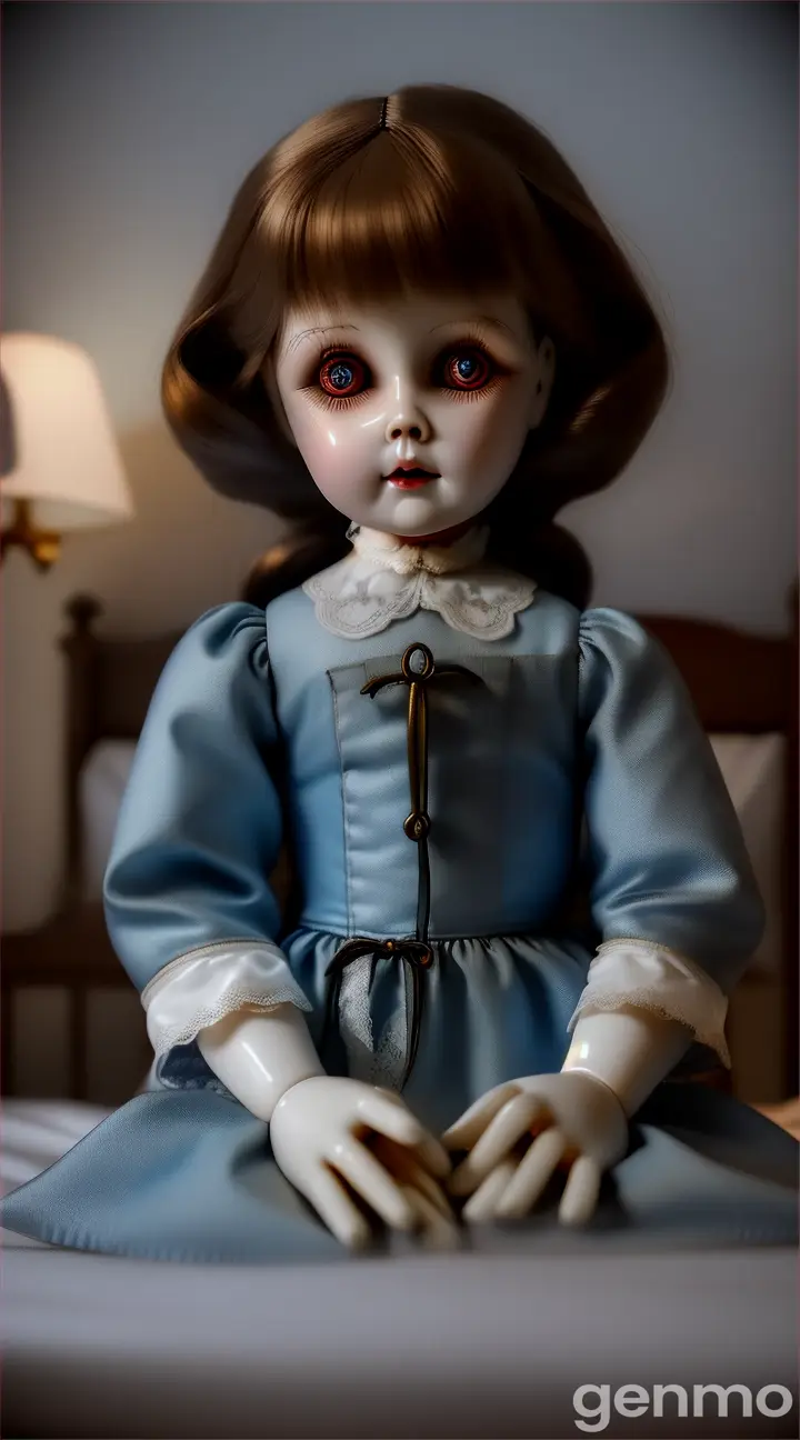 An eerie scene in a dimly lit bedroom with an old porcelain doll sitting on a bed