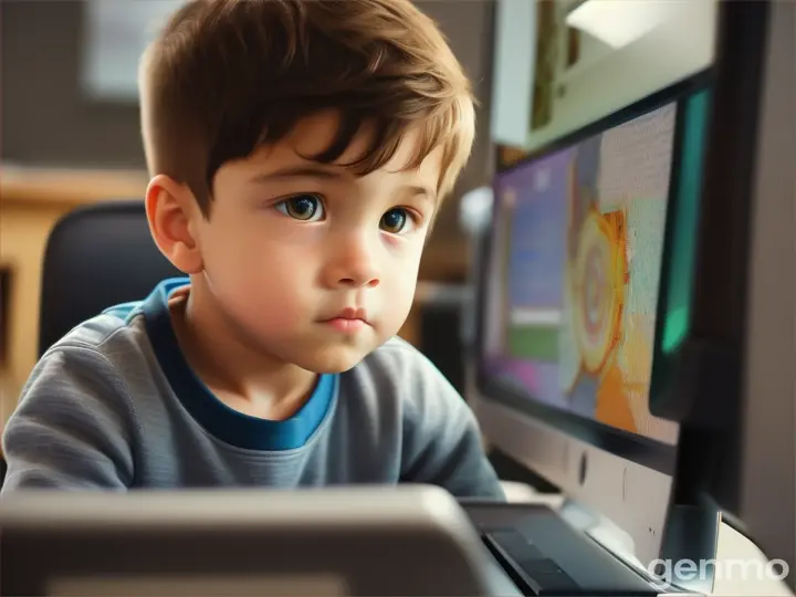 a boy is looking at a computer screen