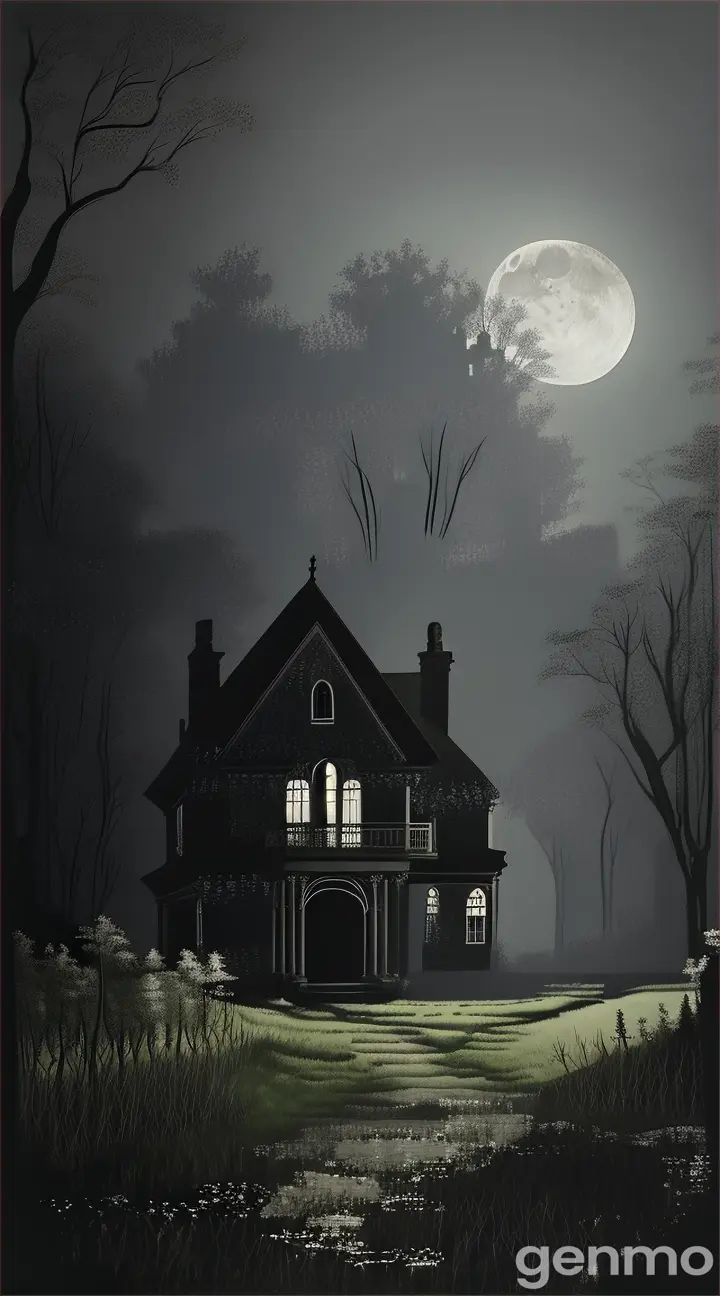 A haunted, abandoned house on the outskirts of a village under a dark, moonlit night. 