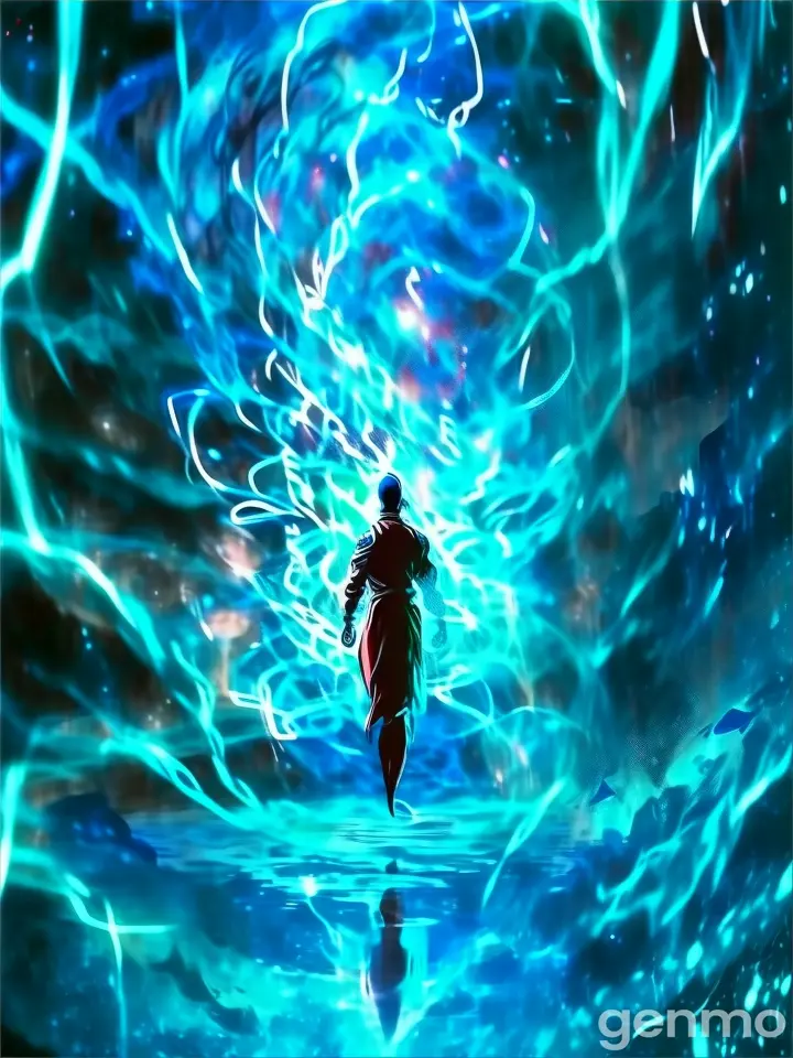 a man standing in front of a blue swirl