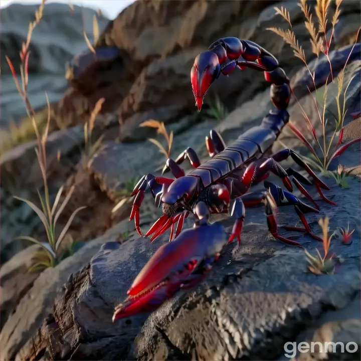 a red and blue scorpion on a rock