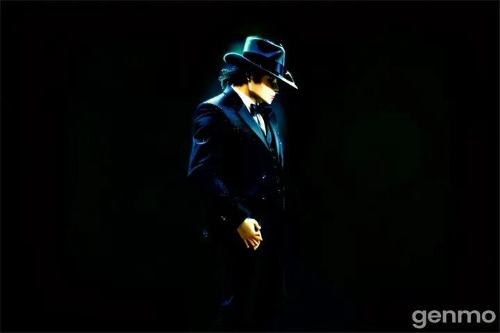 Michael Jackson in a black suit and hat standing in the dark