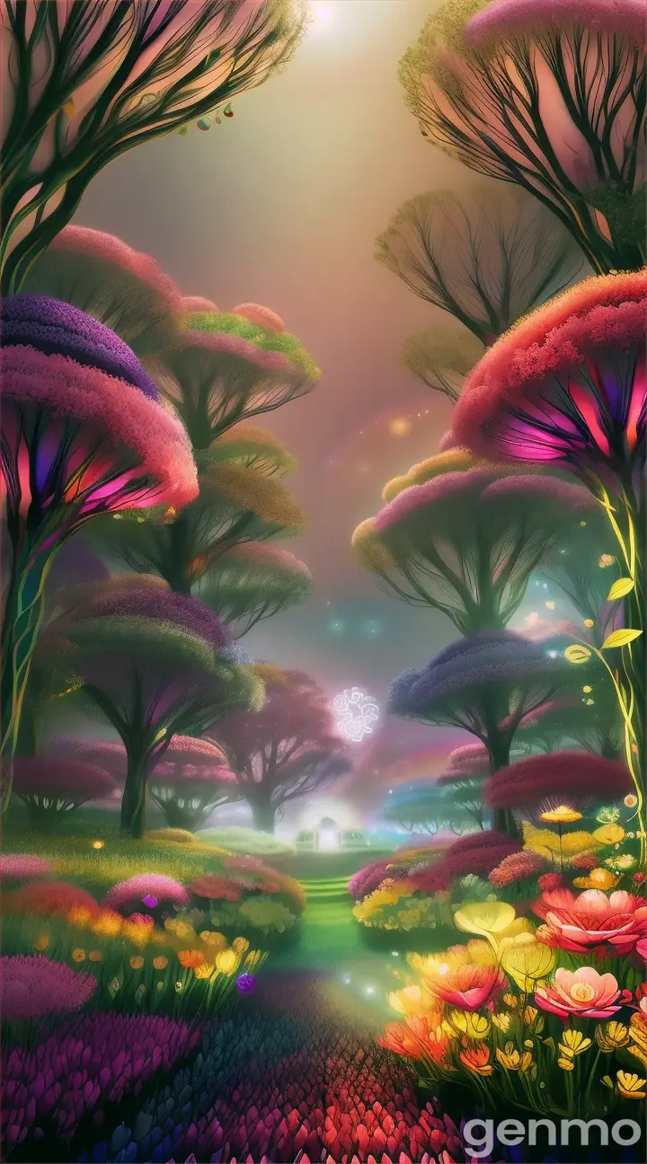 An enchanted animated cartoon style garden filled with vibrant, otherworldly flowers in every color of the rainbow. The three fairies wearing dresses made of flowers hover above the flowers, watching over them. The flowers are large and magical, with glowing petals and swirling patterns.