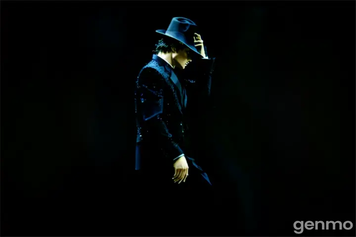 Michael Jackson in a black suit and hat standing in the dark 