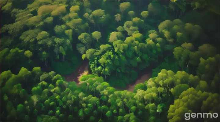 Create a stunning drone shot over a lush, green jungle. The camera should slowly pan across the canopy, revealing the dense foliage and towering trees. Add a soft, ambient soundtrack to create a peaceful and immersive atmosphere.