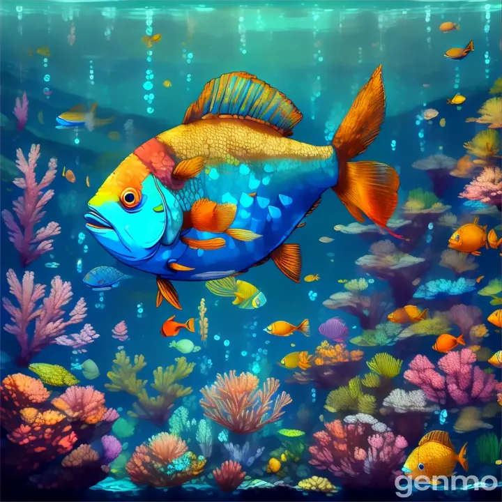 a painting of a blue fish in a coral reef