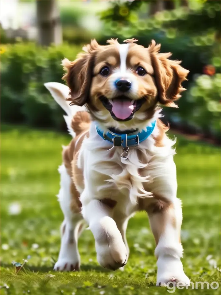 a small brown and white dog running in the grass