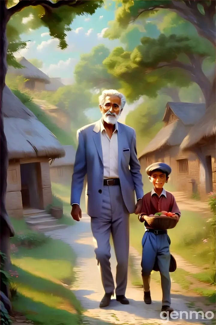 a painting of a man and a boy walking down a path