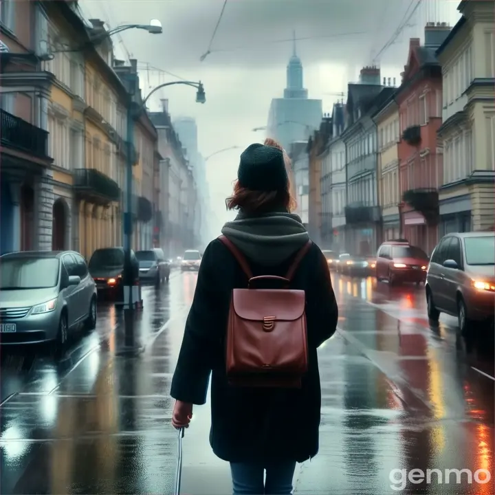 a woman walking down a street in the rain