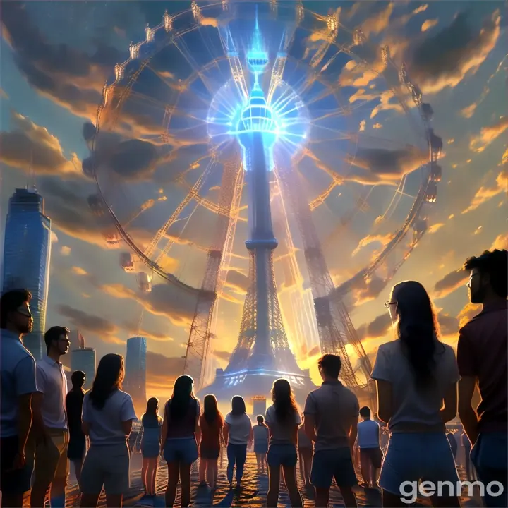 a group of people standing in front of a ferris wheel