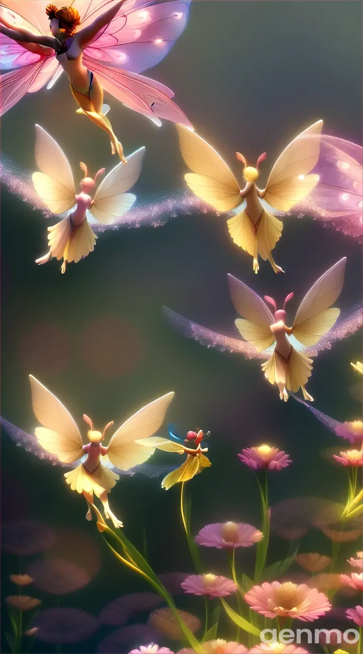 Three animated cartoon style fairies flying in the air as they perform their morning ritual . The flowers begin to glow with intense, radiant colors, casting a soft light around the garden