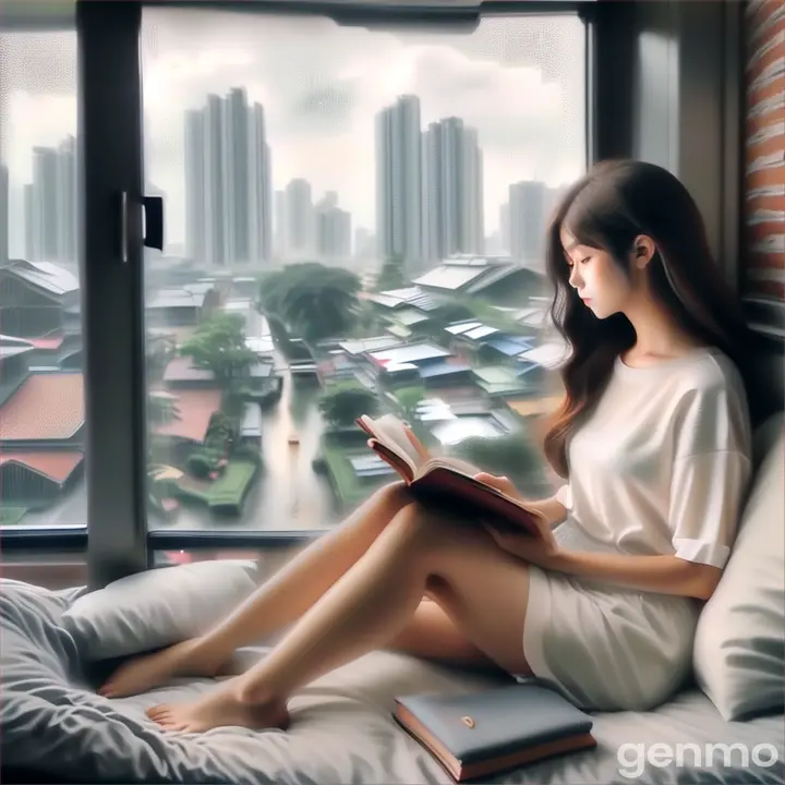 a woman sitting on a bed reading a book