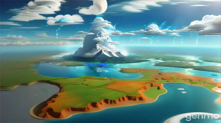 Welcome to our video on the long water cycle. This cycle begins with water from oceans, rivers, and lakes evaporating due to the sun's heat. The water vapor rises into the atmosphere and forms clouds. These clouds can travel great distances before releasing their moisture as rain, snow, or dew. The water then flows through rivers, fills lakes, or seeps into the ground. Some of this water is absorbed by plants, while the rest returns to the oceans or rivers. The cycle starts anew as the water evaporates again. This continuous process helps maintain ecological balance and supports life on Earth."