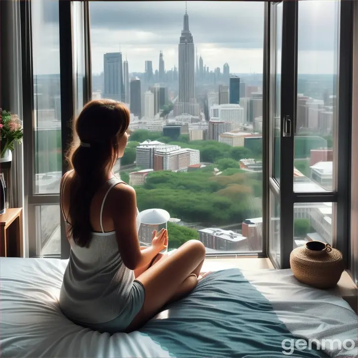 a woman sitting on a bed looking out a window