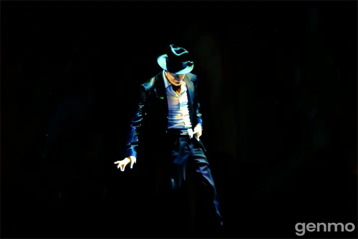 Michael Jackson in a black suit and hat standing in the dark