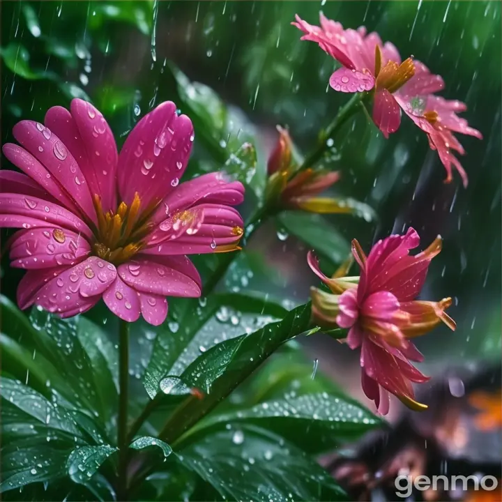 a pink flower with rain drops on it