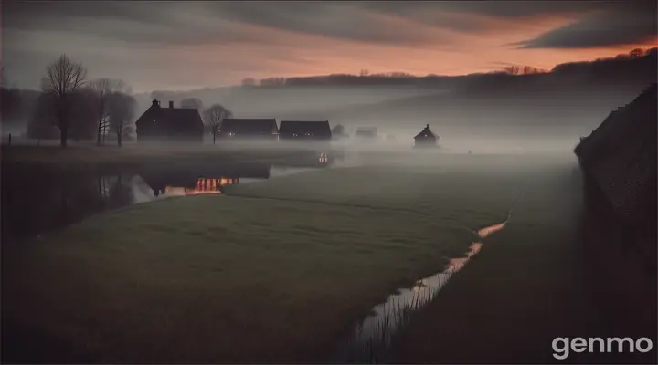 Introduction of Village Scene: A calm and eerie village landscape at dusk, with an ominous atmosphere hinting at something sinister.