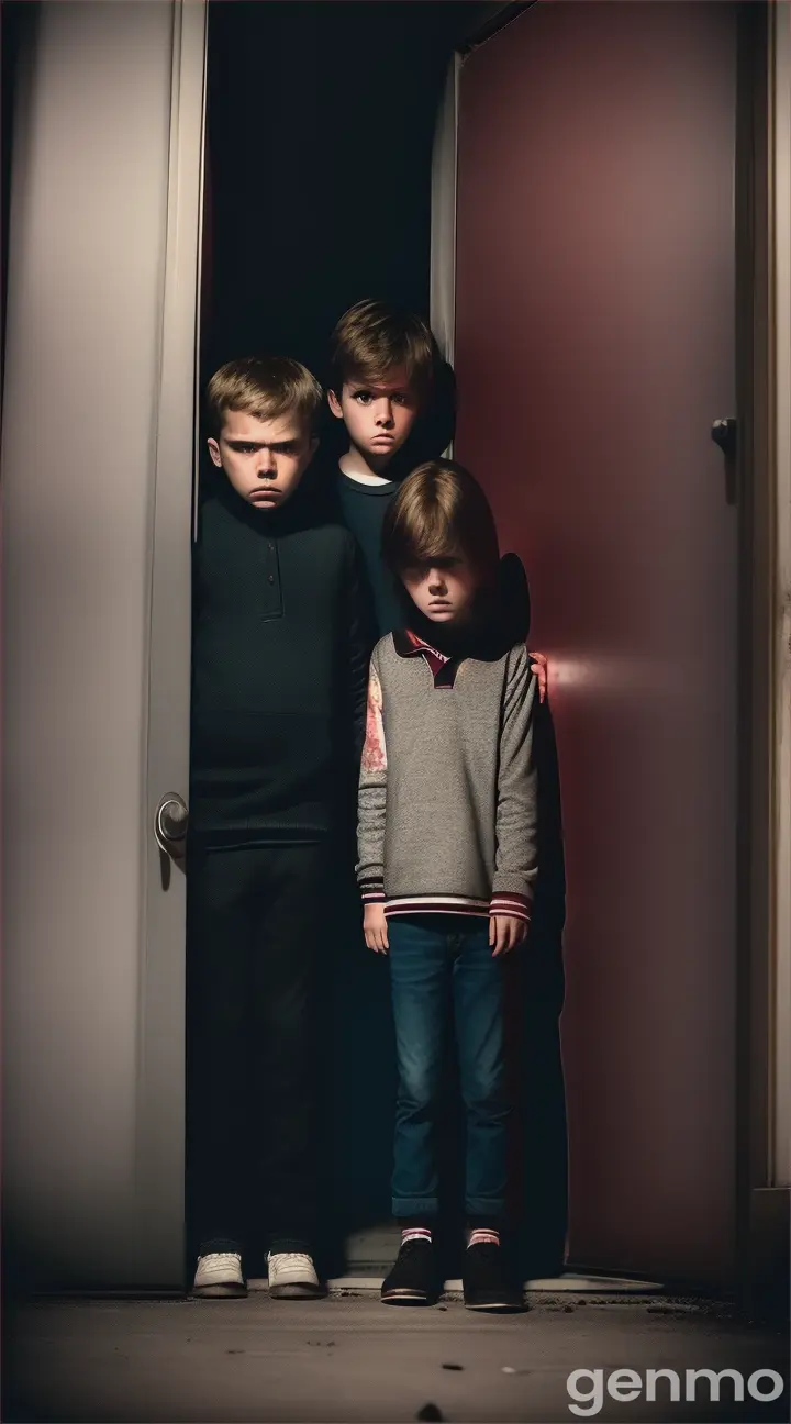  Outside, two frightened siblings, a boy and a girl, stand near the door, which has a fresh bloodstain on it.