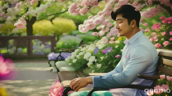 A man, Ahsan, is sitting on a bench, lost in thought. He is surrounded by blooming flowers. His wife, Ayesha, approaches him, a gentle smile on her face. korean