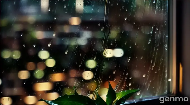 Drizzle rain, window Open view, in garden at night