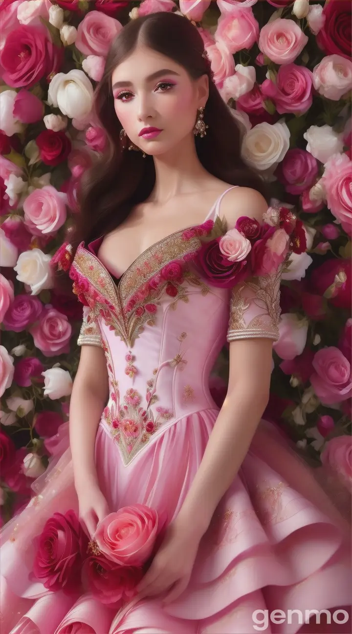 A girl in designer dress intricate ly designed with roses, the dress is created with roses, 9:16 ratio