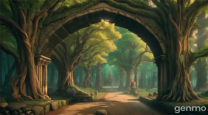  An ancient stone archway in the middle of a forest, glowing with magic, leading to another world.  Photo realistic, Hyper-detailed, cinematic, 16:9, Ultra 8K, Hyper-detailed 