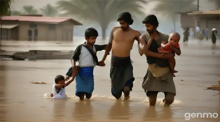 Yemen's Al Mahwit Governorate is flooded with rain, and men wearing the Yemeni dhoti, the Janbiya, try to rescue children from the flood and embrace the children