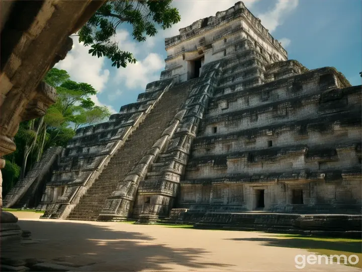 “High-resolution images of iconic Maya ruins such as Tikal, Chichen Itza, and Palenque. Include wide-angle shots that showcase the grandeur of the architecture and close-ups of intricate carvings and structures.”