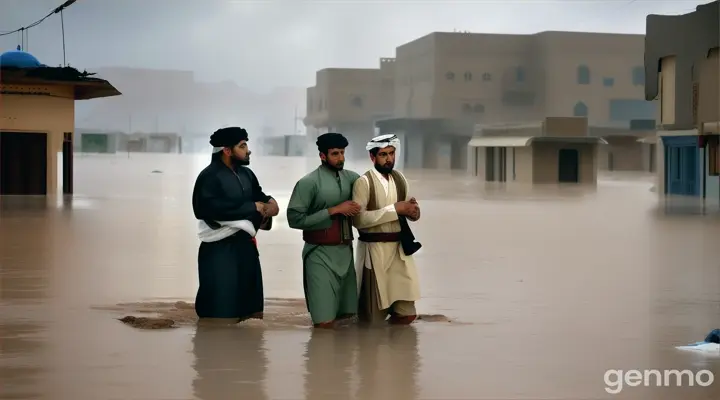 Al Mahwit Governorate in Yemen is flooded with rain, and men wearing Yemeni clothes, the thobe and the jambiya, are trying to rescue children from under the flood waters.