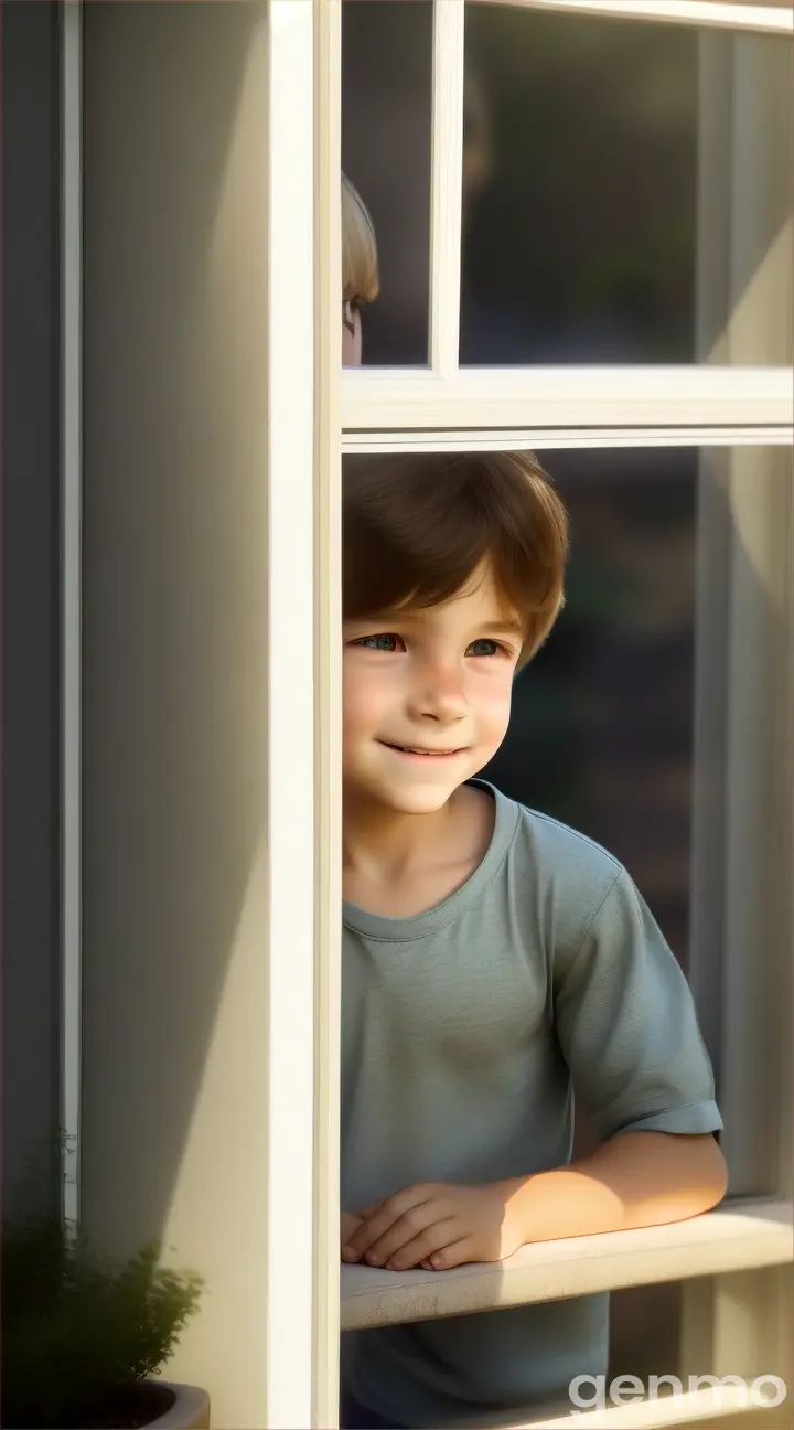 A peaceful, contemplative scene where the boy is looking out of a window, with a gentle smile, finding peace in the girl’s happiness.
