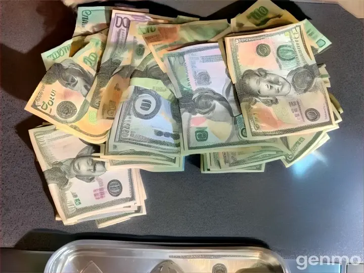 a bunch of money sitting on top of a counter